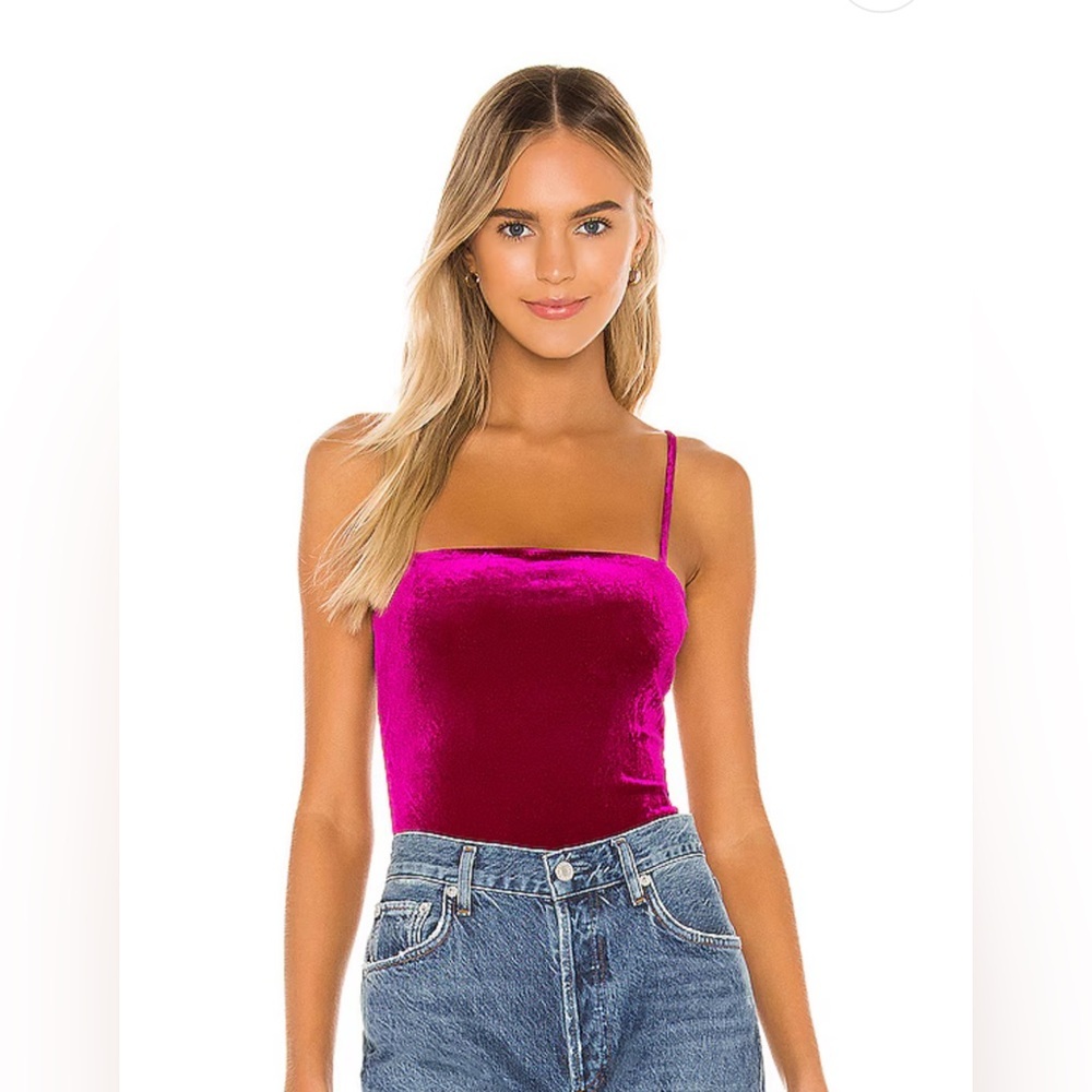 LOVERS + FRIENDS Ladies Women’s XS Hot Pink Velvet Bodysuit Spaghetti St…